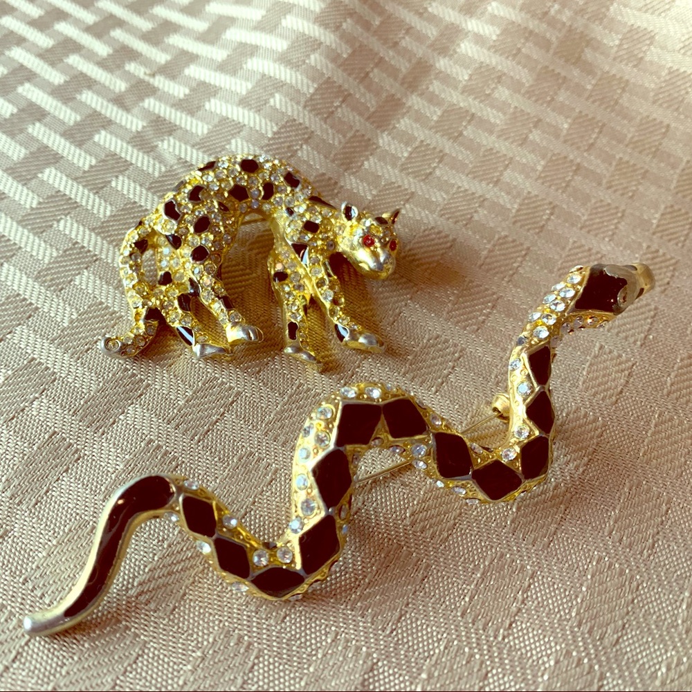 Vintage Snake and Jungle Cat Brooches